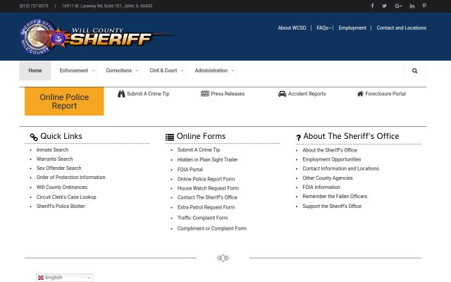Screenshot of Will County Adult Detention Facility website