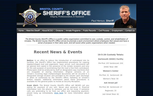Screenshot of Bristol County House of Correction website