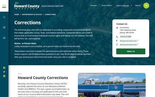 Screenshot of Howard County Detention Center website