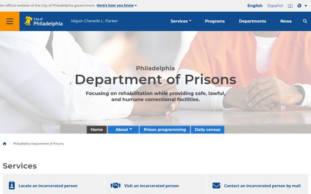Screenshot of Philadelphia Department of Prisons website