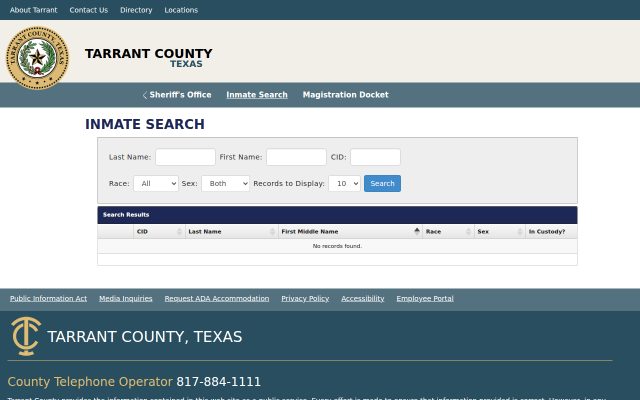Screenshot of Tarrant County Corrections Center website
