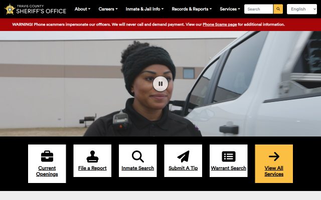 Screenshot of Travis County Correctional Complex website
