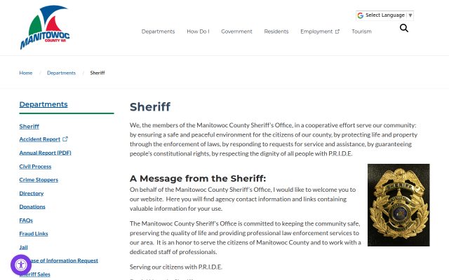 Screenshot of Manitowoc County Jail website